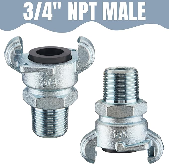 Therwen 4 Sets 3/4 Inch Chicago Air Fittings Npt Iron Air Hose Fitting 2 Lug Universal Coupling for Female and Male End(Male End)