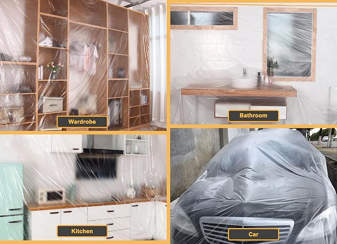 Muf 5 x 65 Feet Plastic Drop Cloth Plastic Sheeting with Masking Tape,Waterproof Protective Masking Film,Prevent Dust Paint for Car,Furniture,Carpet,Floor,3 Pack