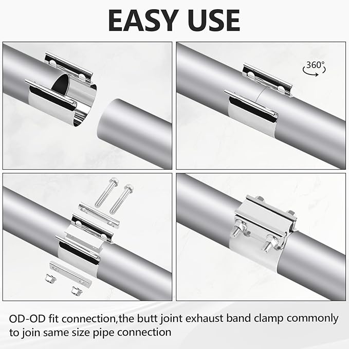 5-Inch Exhaust Clamp, Butt Joint Seal Band Sleeve Coupler Universal for Exhaust System - 2PCS Polished T304 Stainless Steel
