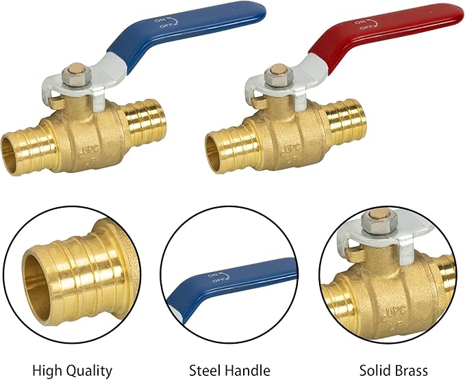Hourleey 2 Pieces 3/4 Inch Pex Brass Full Port Shut Off Ball Valve Hot and Cold, Quarter Turn HOT (RED) COLD (BLUE) of Brass Water Stop Shut Off, 1 Piece Each