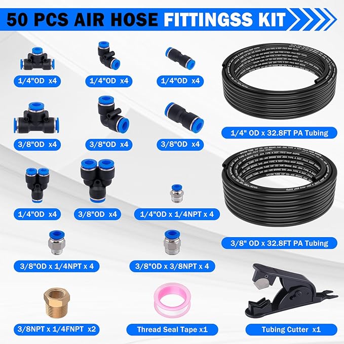 Air Line Tubing Kit, 1/4" 3/8" Air Line Quick Connect Fittings with 1/4" OD x 32.8 FT (10M) & 3/8" OD x 32.8 FT (10 M) DOT Nylon Air Hose Tubing Pneumatic Push Lock Fittings Kit (50 Pcs)
