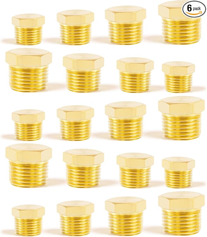 ChillWaves Brass Pipe Fitting Kit, Outer Hex Head Socket Pipe Plug Fitting，5 × 1/8" NPT，5 × 1/4" NPT，5 × 3/8" NPT，5 × 1/2" NPT Male，Thread Adapter(20-PACK)