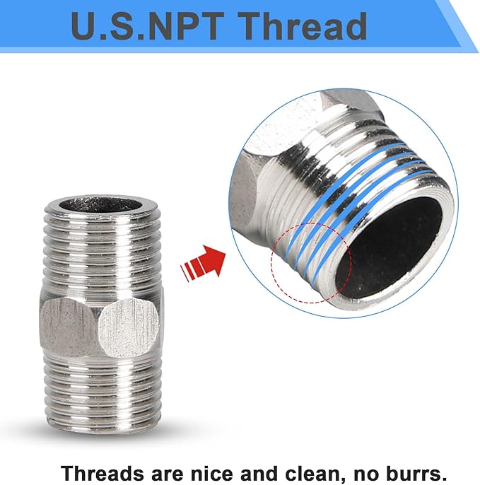 2Pcs 1/2" Male Hex Nipple Pipe Fitting, 304 Stainless Steel Threaded Adapter Fittings, 1/2 Inch Male Equal Nipples Connectors, Male Straight Threaded Pipe Fitting