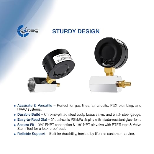 Gas Test Pressure Gauge 60 Pound, 60 PSI / 400 kPa, 3/4” FNPT Connection, Brass Valve, Chrome Plated Steel Body Assembly.