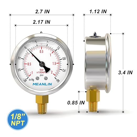 MEANLIN MEASURE -30inHG~30Psi Stainless Steel 1/8" NPT 2.5" FACE DIAL Vacuum Pressure Gauge, Lower Mount, with 1/4" NPT and 3/8" NPT Hex Bushing
