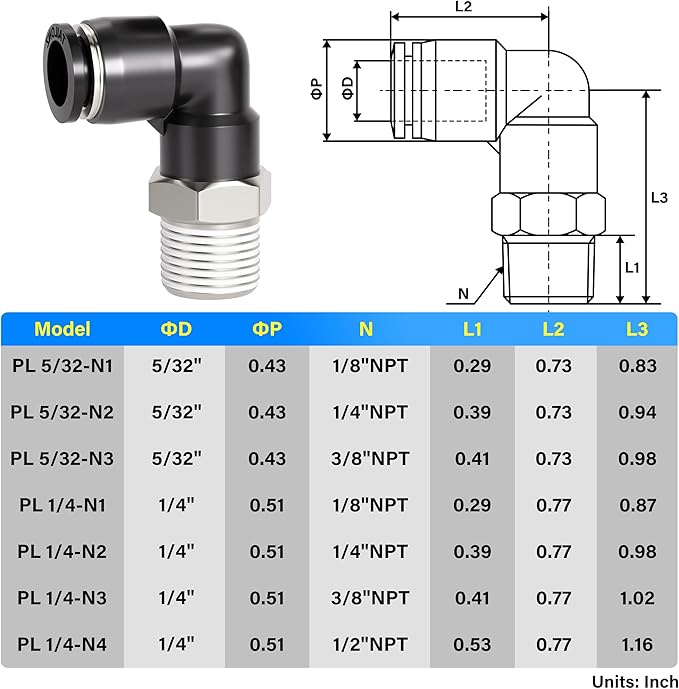 TAILONZ PNEUMATIC Elbow and Straight Combination 5/32 Inch Tube OD x 1/8 Inch NPT Thread Push to Connect Fittings PC-5/32-N1+PL-5/32-N1(Pack of 4)