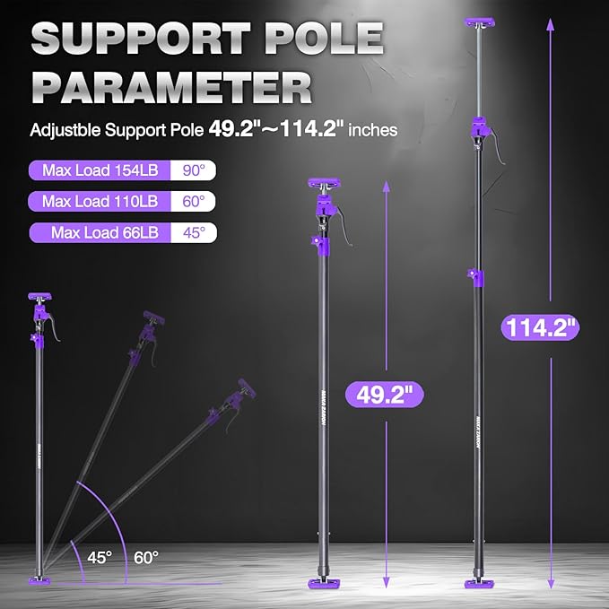 Quality Steel Adjustable Cabinet Jack Support Pole, Quick Support Rod & Drywall Jack, Zip Wall Dust Barrier System, 3rd Hand Support System 154LB, Cabinet Installations from 49.2-114.2 in, 4-Pack