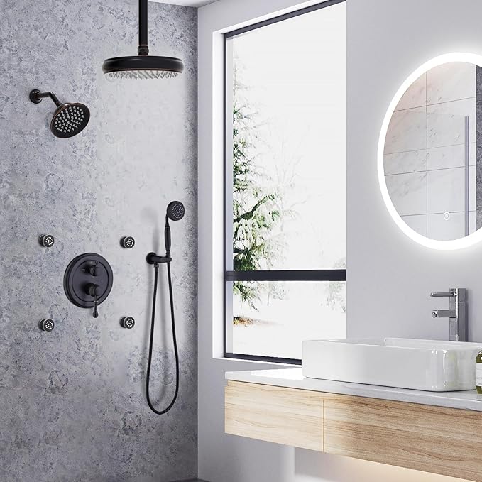 Enga Antique Shower Faucet Sets Dual Heads with 4 Body Jets, 8" + 6" Ceiling & Wall Mount Vintage Shower Head with Handheld Spray Combo, 4 Way Diverter Brass Valve, Oil Rubbed Bronze