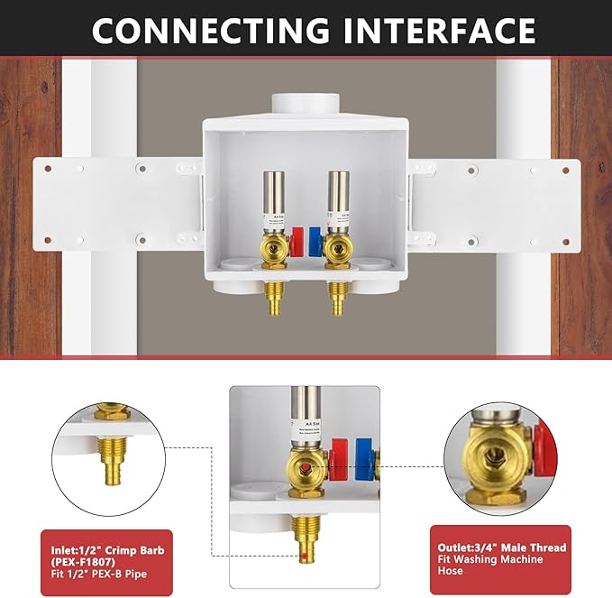 EFIELD Double Drain1/2 Inch PEX Crimp Connection x 3/4 Inch MHT Washing Machine Outlet Box with Stainless Steel Water Hammer Arrestor,(WM046)