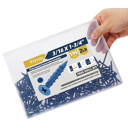 195Pcs 3/16 x 1-3/4 in Concrete Screws with Drill bits,Masonry Screws for Concrete Assortment Kit,Flat Head Block Cement Stacoo Screws and Anchors,Diamond Point,Blue Coated(2LB)