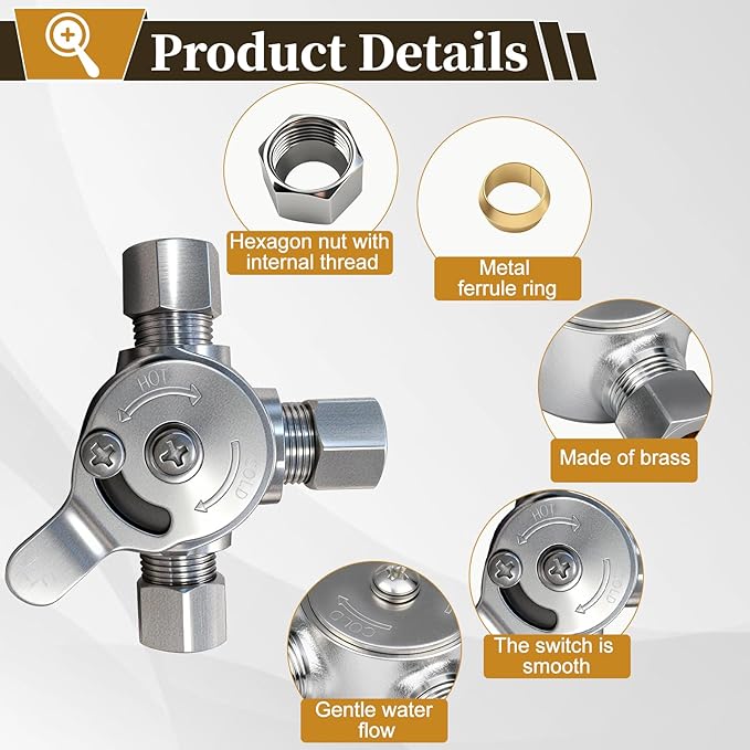 3 PCS Below Deck Mixing Valve, Manual Water Mixing Valve Hot Cold Water Mixer with 3/8"Inch Inlets and Outlet, Compression Sleeve and Nuts Included
