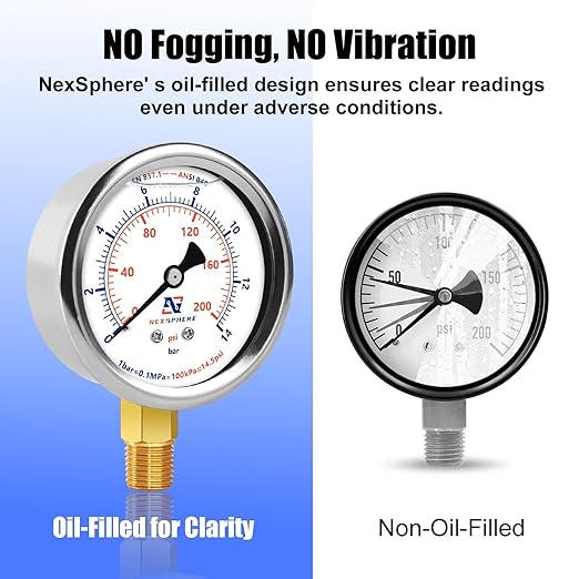 2-1/2" Liquid Filled Pressure Gauge, 0-200 PSI/0-14 Bar, 304 Stainless Steel Case, 1/4" NPT Lower Mount, Brass Connection, Manometer, IP67 Waterproof Air, Oil & Water Pressure Gauge