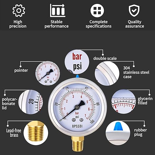 0-100 Psi Lead-Free Glycerin Liquid Filled Low Pressure Gauge, 2.5" Dial Size, 1/4" NPT Lower Mount, 304 Stainless Steel Case, for Water Pipe, HVAC, Water Oil Air Pressure Test