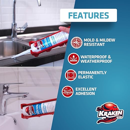 Kraken Bond RTV Silicone Caulk Clear - (4x10.1 fl.oz.) 100% Silicone Sealant Waterproof, Flexible Kitchen Sink Sealant, Caulking Sealant for Window and Door, 4 Pack