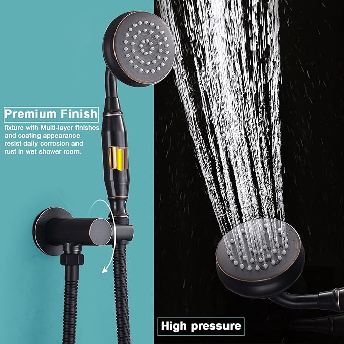 ENGA Antique Shower Faucet Sets Complete Oil Rubbed Bronze Shower System with Jets 8 inch Rainfall Head and Handheld Spray Fixtures Combo, 3 Way Diverter Brass Rough in Valve Trim Kit