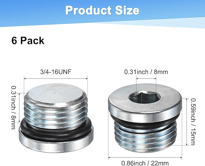 6-Pack 3/4-16UNF Inner Hex Head Pipe Fitting Plug, Carbon Steel Sensor Socket Plug with Seal O-Ring for Terminate Pipe Ends/High Pressure Washer, Sealing Screw
