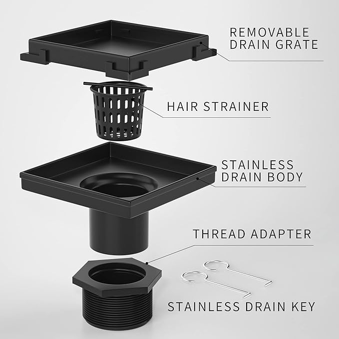 Square Shower Drain 4", Matte Black Floor Drain with Tiled Insert Grate & Hair Strainer, 304 Stainless Steel Bathroom 2-in-1 Tiled in Drain, CUPC Certified (Matte Black, 4'')