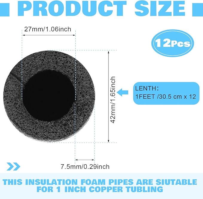 Amylove 3.3 Feet Foam Pipe Insulation Foam Tube Insulating Water Pipe Pool Swim Noodles Heat Preservation Pipes Covers for Tubing Outdoor Freeze Protection (12 Pcs,Black,1 ft X 1 Inch)