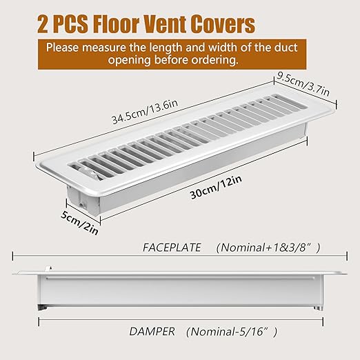 2PCS Floor Vents Floor Registers 2x12 Inch, Heavy Duty Metal Hot Air Vent Covers 2x12 Inch with Rust-Proof Finish for Home Heater Floor Vent Grilles and Vents