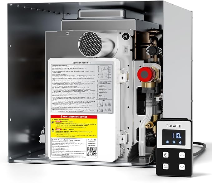 FOGATTI RV Tankless Water Heater, InstaShower 8 Plus, 3 Optional Door Sizes 15"x15", 15"x18" and 18"x18" for Refitment, DC 12V, Optimized Summer Comfort Performance, Ideal for RVers' Family Use