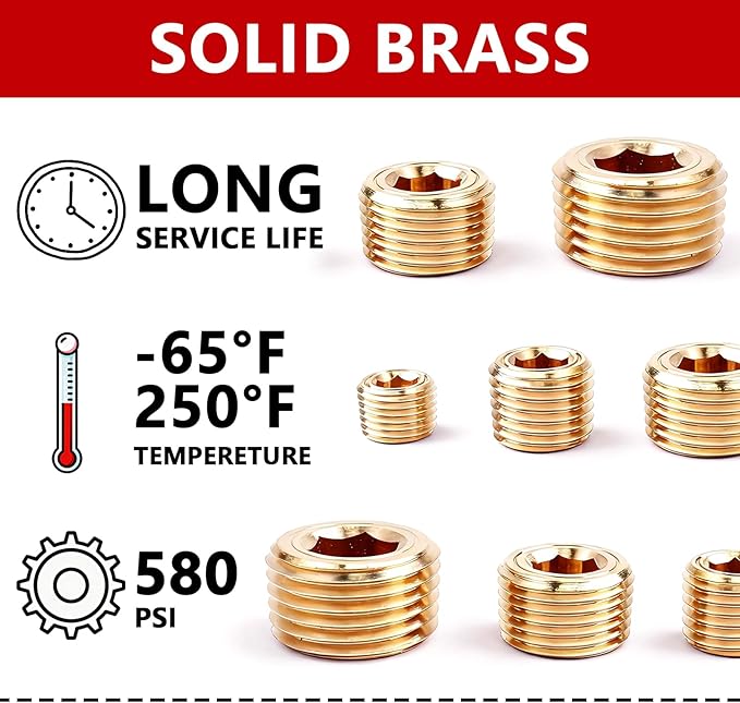 20PCS Brass Pipe Plug Fitting 1/4" 1/8" 3/8" 1/2" NPT Male Plug Hex Counter Sunk Plugs,Internal Hex Thread Socket Pipe Plugs Kit