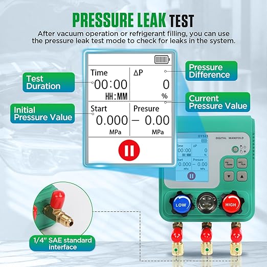 Digital Manifold Gauges HVAC, 92 Refrigerant Dual Pressure & Vacuum Test HVAC Gauges with Hoses R22 R134a R410a Refrigerant Gauge Set with 1/4" SAE Interface, Portable Hook