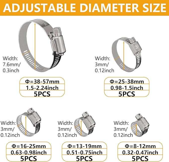 25 Pack Stainless Steel Hose Clamps Assortment Kit, Adjustable 8-57mm Worm Gear Hose Clamp Heavy Duty Duct Pipe Clamp for Plumbing, Fuel Line, Radiator, Mechanical, Automotive Application, Industrial