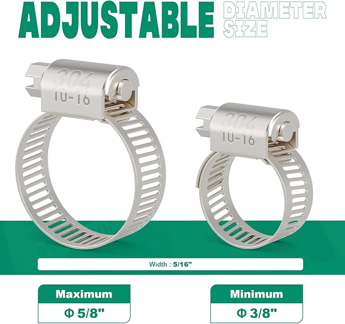 24PCS Hose Clamps Stainless Steel Adjustable 3/8"– 5/8"(10-16mm) Worm Gear Hose Clamp, Heavy Duty Metal Small Hose Clamps for Automotive, Pipe, Radiator Plumbing, Fuel Line
