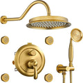 Brushed-Gold Antique Shower System with Jets: 9 inch Rain Faucet Sets Complete Wall Rainfall Head and Handheld Spray Fixtures Combo, 3 Way Diverter Brass Rough in Valve Trim Kit