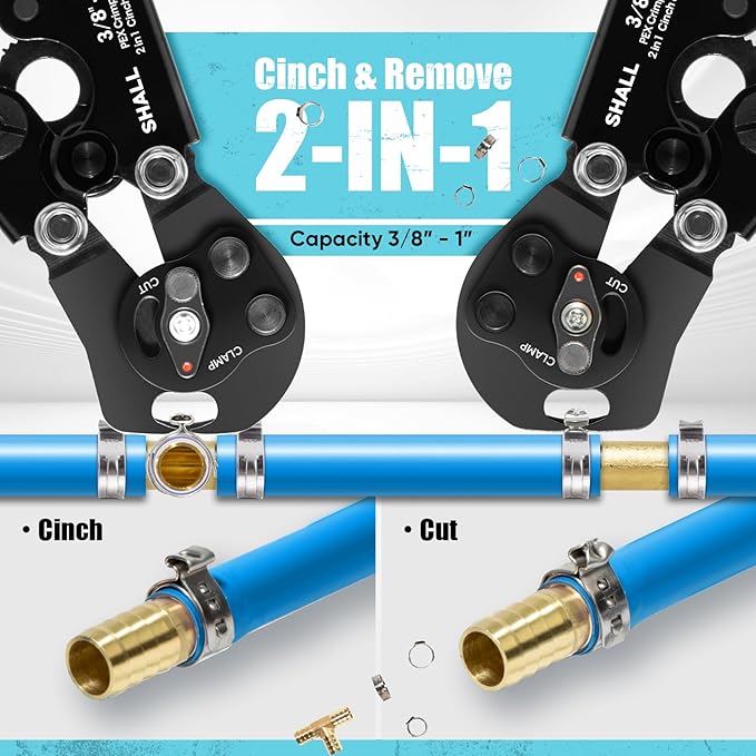 SHALL 2-IN-1 Pex Crimping Clamp Cinch & Remove Tool with Pipe Hose Cutter, Pex Pipe Fitting Crimper Tool Kit for 3/8" to 1" Stainless Steel Clamps Including 20pcs 1/2", 10pcs 3/4" Clamps & Storage Bag