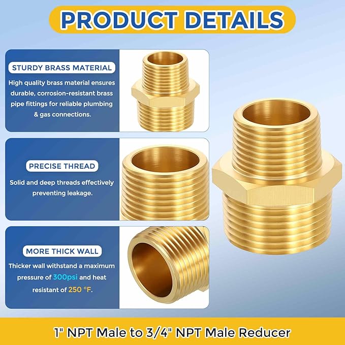 2 Pack Brass Pipe Fittings, 1" NPT Male to 3/4" NPT Male Brass Hex Nipple, Male Pipe Adapter Reducer for Air, Oil, LP