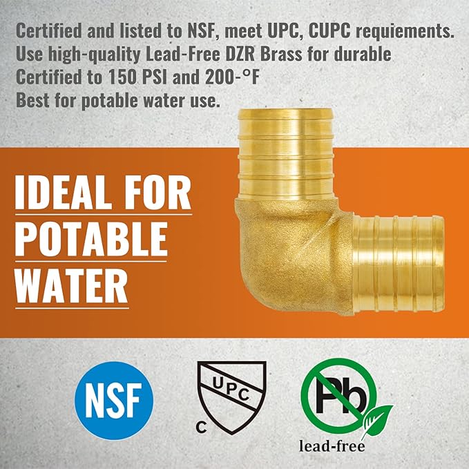 SUNGATOR 6-Pack 1 Inch 90 Degree Elbow PEX Fittings, No Lead Brass Crimp for PEX Tubing