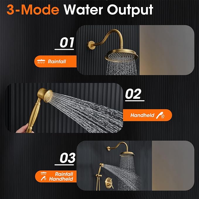 Antique Rainfall Shower System Bathroom Luxury Rain Mixer Shower Faucet Set with Pressure Balance Valve, Shower Combo Set with Rain Shower Head and Vintage Handheld Spray 9 inch Brushed Gold