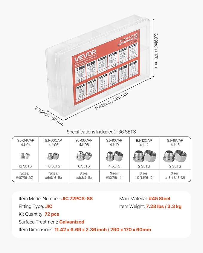 VEVOR 72 PCS JIC Hydraulic Fittings, Heavy Duty Master Industrial Hydraulic Cap and Plug, Hose Tube and Pipe Fitting Kit Cap and Plug Kit Precision Threading in 37° Dash Sizes 4 6 8 10 12 16