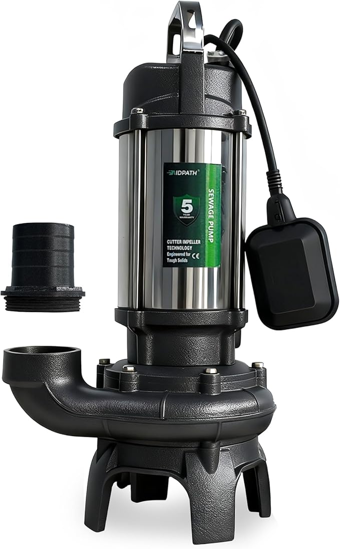 8807 GPH, 1 HP Sewage Sump Pump Submersible, Auto Float Switch, 115V, 2" NPT Discharge for Basement, Trash, Sludge, Septic Tank, Sewer, SS Pump Casing, E-Coated Semi-Open Cast Iron Impeller