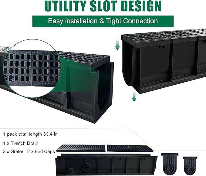 Deep Profile HDPE Trench Drain System for Yard-39.4Lx6.3Wx7.8H in. Channel Drain with Grates,Plastic Yard Drainage Systems for Outdoor Houseside Sidewalk Patio Backyard Landscape