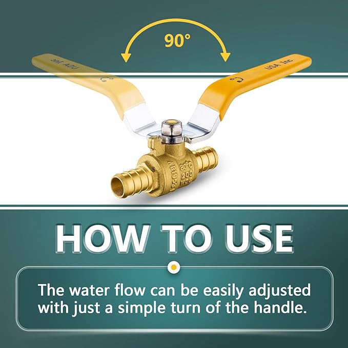 10 Pack Ball Valves, 1/2" Pex Crimp Shut Off Valve Yellow, Brass Full Port Pex B Shut Off Ball Valve for Hot and Cold Water, NSF/ANSI 61 Certified