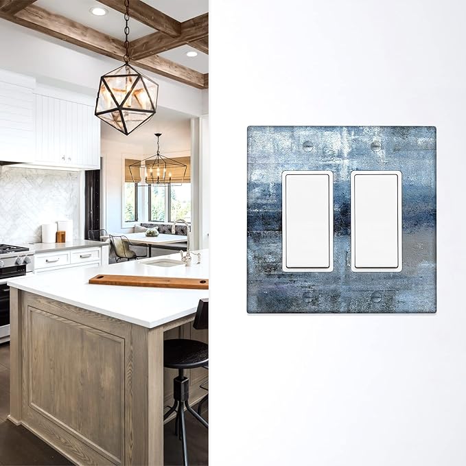 Blue and Grey 2-Gang Rocker Wall Plate Cover Abstract Art Decorative Light Switch Cover Modern Electrical Outlet Covers Kitchen Accessories & Decor