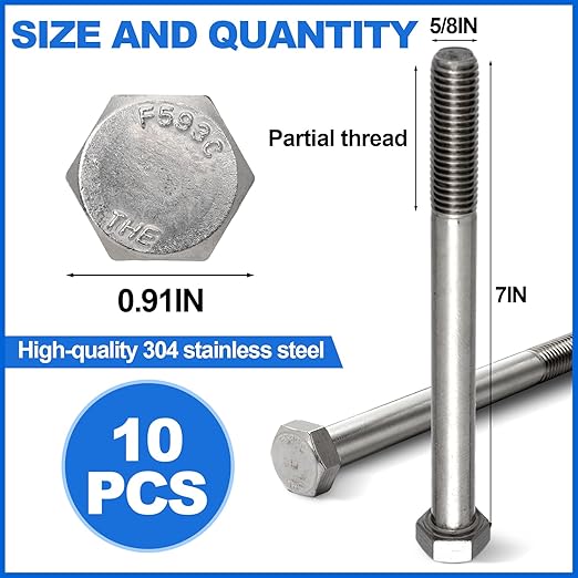 10 Pack 5/8-11 x 7'' Hex Head Cap Screw Bolt 304 Stainless Steel Half Thread External Hex Drive Screw Bolt Fastener for Wet Outdoor Metal Framing Concrete Reinforcement Railing Trellises