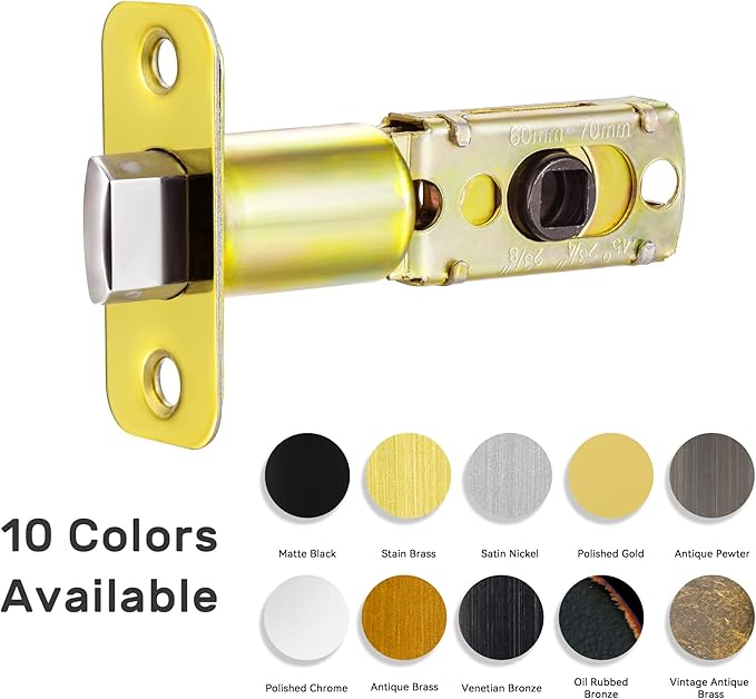 Polished Gold Adjustable Door Latch 60 or 70mm, 45° Turning Angle, Door Lock Replacement Parts with Door Strike Plate, Wood Dowel, Dust-Boxes
