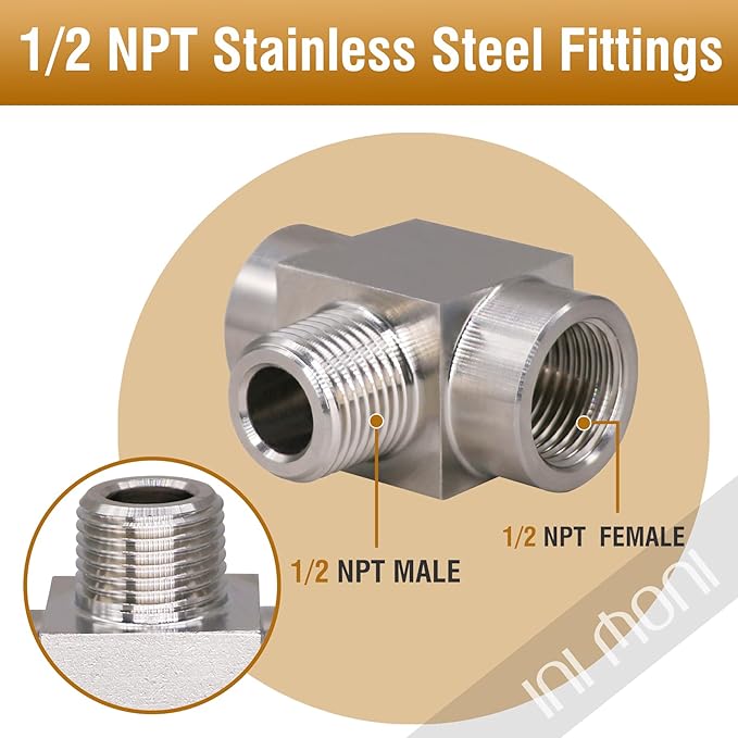 tee pipe fitting NPT 1/2 female x male x female thread 3 way t adapter, stainless steel 304 hose fitting tee t shape pipe connector for fuel system and air supply line, heavy duty 4350 psi