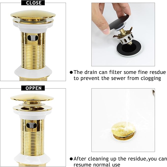 Bathroom Sink Drain, Gold Drain Stopper Bathroom Sink with Overflow,Pop Up Drain Assembly with Detachable Strainer Basket,Built-in Anti-Clogging Strainer,Stainless Steel Gold