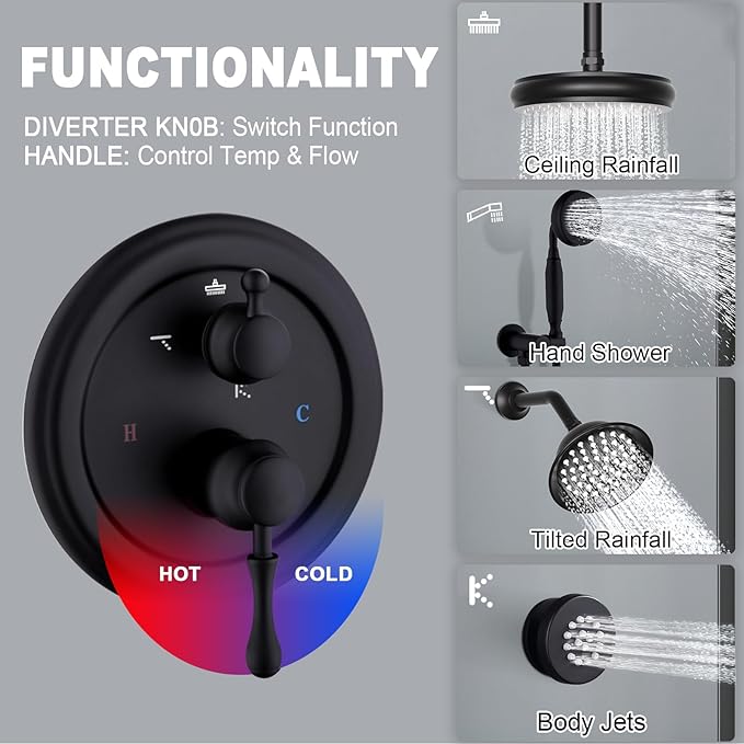 Enga Antique Shower Faucet Sets Dual Heads with 4 Body Jets, 8" + 6" Ceiling & Wall Mount Vintage Shower Head with Handheld Spray Combo, 4 Way Diverter Brass Valve, Matte Black