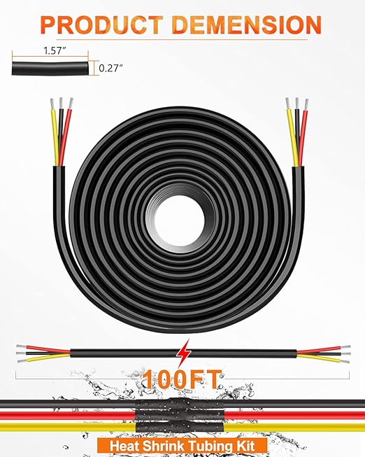 NAOEVO 16 Gauge Wire 3 Conductor Electrical Wire, 16 AWG Stranded PVC Cord, 12V Low Voltage/Tinned Copper/Flexible Cable for Automotive Wiring, Lamp Cord, Marine Cable (100FT)