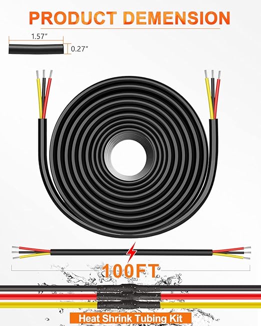 NAOEVO 18 Gauge Wire 3 Conductor Electrical Wire, 18 AWG Stranded PVC Cord, 12V Low Voltage/Tinned Copper/Flexible Cable for Automotive Wiring, Lamp Cord, Marine Cable (100FT)