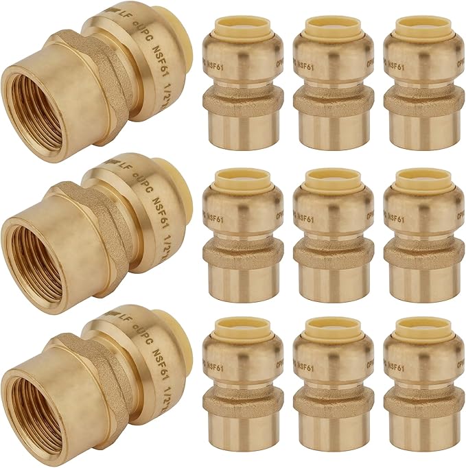 HeSun 12-Pack Pushfit Female Adapter, 3/4" FNPT x 3/4" Push to Connect Plumbing Fittings with Disconnect Clip, Brass Push-fit Fittings for PEX, Copper, CPVC, PE-RT Pipes