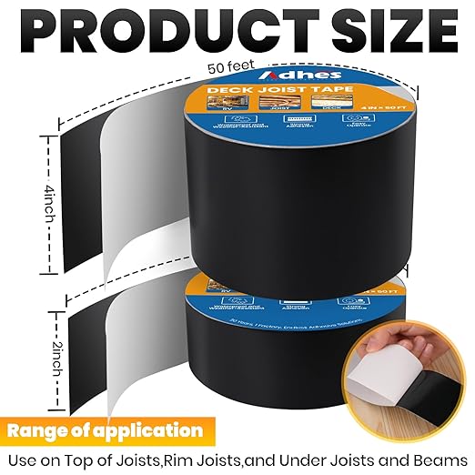 ADHES Deck Joist Tape, 2" x 50' + 4" x 50', Weather Resistance & Waterproof Butyl Joist Tape for Decking, Deck Flashing Tape, Ideal for Wood Decks Beams Roof, Outdoor Construction Use