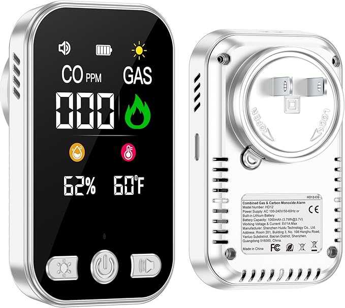 4in1 Plug in Carbon Monoxide Detector & Combustible Natural Gas Detectors Combination Builti-in Battery HD Screen [CO Gas Temp Humidity Sensor] for Home Hotel Travel (1 Pcs,HD12-CG, White)