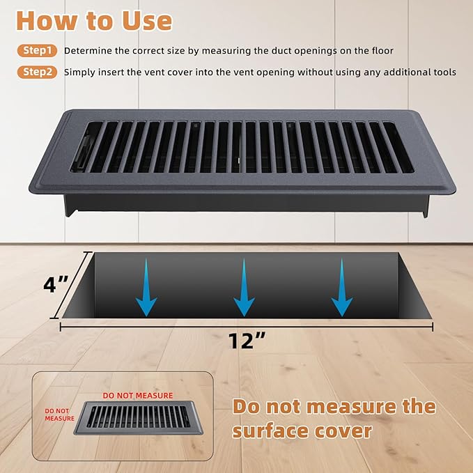 Floor Register 4 x 12, Heavy - Duty Steel Adjustable Airflow Floor Vents, Rust - Resistant with Silent Operation Vent Covers for Home Floor - 8 Pack Dark Gray