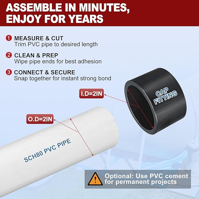 1Pcs 2" PVC External End Cap Fitting, SCH80 Furniture Grade PVC Pipe Plug Adapter, Pipe Cover Fittings for DIY Project, Irrigation System, Plumbing Framework, Garden Structures